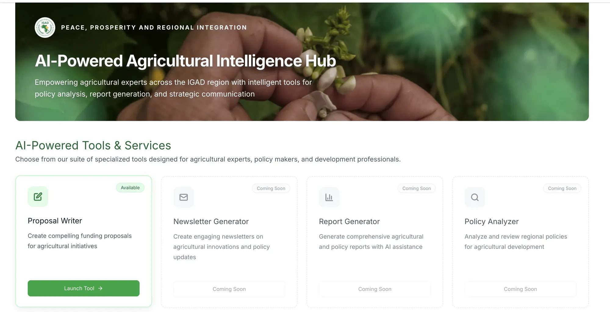IGAD AI-Powered Agricultural Intelligence Hub landing with the Proposal Writer tool.