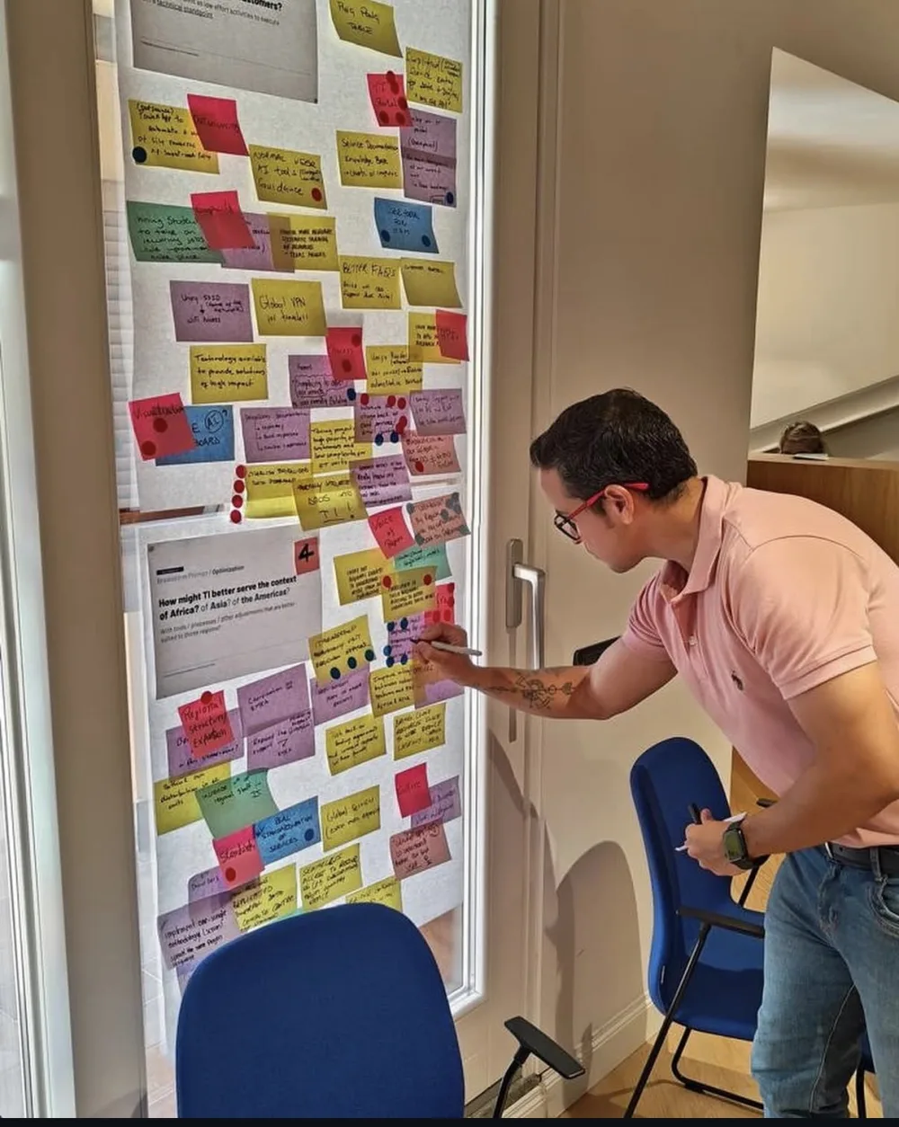 Juan Carlos Cadavid en un taller de estrategia de innovación, escribiendo en una pared de notas adhesivas